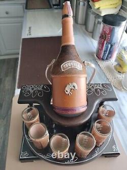 Tequila Decanter, 6 Shot Glasses, Display Stand, Hand Painted & Leather