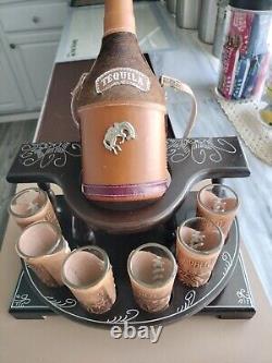 Tequila Decanter, 6 Shot Glasses, Display Stand, Hand Painted & Leather