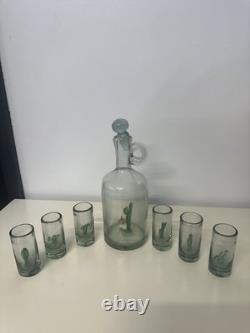 Tequila Decanter and Six Shot Glasses Cactus Inside Hand Blown. VS-3
