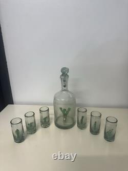 Tequila Decanter and Six Shot Glasses Cactus Inside Hand Blown. VS-3