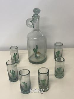 Tequila Decanter and Six Shot Glasses Cactus Inside Hand Blown. VS-3