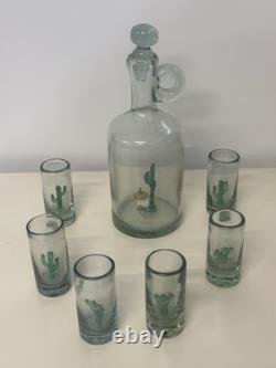 Tequila Decanter and Six Shot Glasses Cactus Inside Hand Blown. VS-3