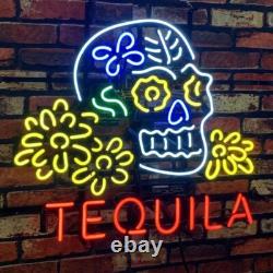 Tequila Haunted Skull Sugar 20x16 Neon Sign Light Lamp Bar Open Pub Real Glass
