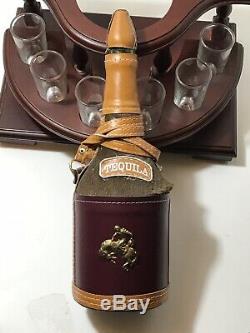 Tequila Set Leather Cowboy Decanter + 6 Shot Glasses on Wooden Display