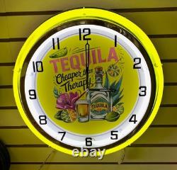 Tequila Shot Cheaper Than Therapy Lime Agave Margarita Metal Large Neon Clock
