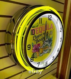 Tequila Shot Cheaper Than Therapy Lime Agave Margarita Metal Large Neon Clock