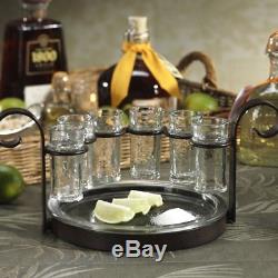 Tequila Shot Glass Set 6 Glasses Metal Serving Tray Holders Shooters Barware