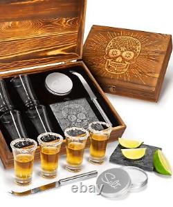 Tequila Shot Glass Sugar Skull Wooden Box Set for Men and Women 4 Premium S