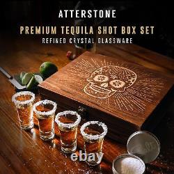 Tequila Shot Glass Sugar Skull Wooden Box Set for Men and Women 4 Premium S
