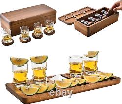 Tequila Shot Glasses with Luxury Acacia Wood Storage Box, Wooden Drink Coasters