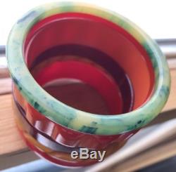 Vintage Carved Daisy Oxblood Tequila Blue Ink Bakelite Bracelet Bangle Set