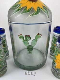 Vintage Hand Blown Heavy Glass Handpainted Decanter Shotglass Set Tequila Mexico