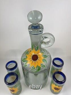 Vintage Hand Blown Heavy Glass Handpainted Decanter Shotglass Set Tequila Mexico