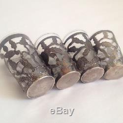 Vintage Lot of 4 Mexico Sterling Silver Floral Tequila / Liquor Shot Glasses