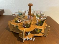 Vintage Mexican Hand-Painted Tequila Shot Glass Set of 6 in Wooden Stand 1960's