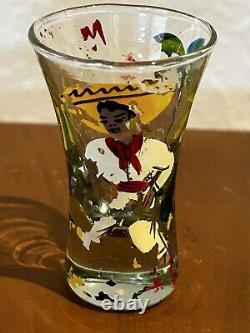 Vintage Mexican Hand-Painted Tequila Shot Glass Set of 6 in Wooden Stand 1960's