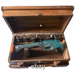 Vintage Reserva Especial Tequila Gun Bottle Shot Glasses Wood Treasure Chest Set