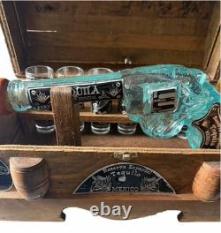 Vintage Reserva Especial Tequila Gun Bottle Shot Glasses Wood Treasure Chest Set