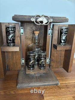 Vintage Wood Mexican Barware Tequila Shot Glass Set Box Western Horse Bar Decor