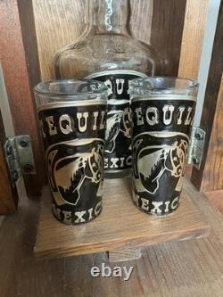 Vintage Wood Mexican Barware Tequila Shot Glass Set Box Western Horse Bar Decor