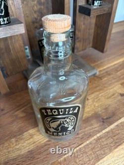 Vintage Wood Mexican Barware Tequila Shot Glass Set Box Western Horse Bar Decor