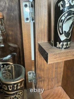 Vintage Wood Mexican Barware Tequila Shot Glass Set Box Western Horse Bar Decor