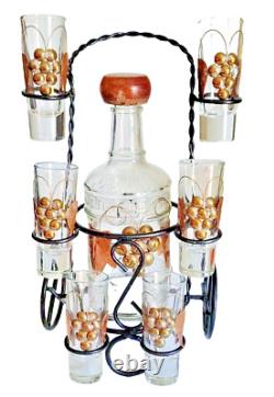 Vtg Iron Tequila set Rack Bottle and 6 Shot Glasses-Metal Silver Accents