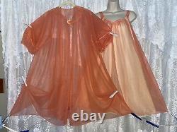 Vtg L XL Tequila Sunrise Rich Peach Lemon Sheer Chiffon Peignoir Robe Nightgown