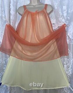 Vtg L XL Tequila Sunrise Rich Peach Lemon Sheer Chiffon Peignoir Robe Nightgown