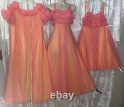 Vtg M TEQUILA SUNRISE Chiffon Peignoir Robe Nightgown + NIGHTIE Pleated Ruffles