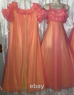 Vtg M TEQUILA SUNRISE Chiffon Peignoir Robe Nightgown + NIGHTIE Pleated Ruffles