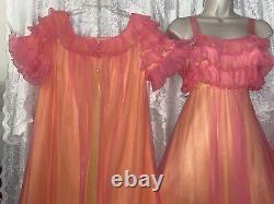 Vtg M TEQUILA SUNRISE Chiffon Peignoir Robe Nightgown + NIGHTIE Pleated Ruffles