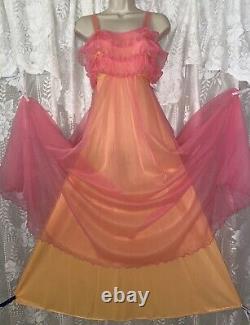 Vtg M TEQUILA SUNRISE Chiffon Peignoir Robe Nightgown + NIGHTIE Pleated Ruffles