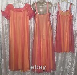 Vtg M TEQUILA SUNRISE Chiffon Peignoir Robe Nightgown + NIGHTIE Pleated Ruffles